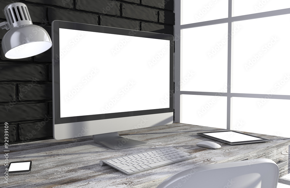 Fototapeta premium 3D illustration PC screen on table in office, Workspace