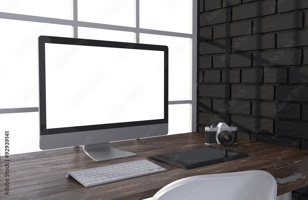 Fototapeta premium 3D illustration PC screen on table in office, Workspace