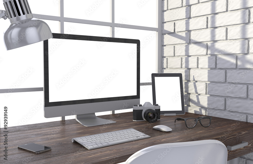 Fototapeta premium 3D illustration PC screen on table in office, Workspace