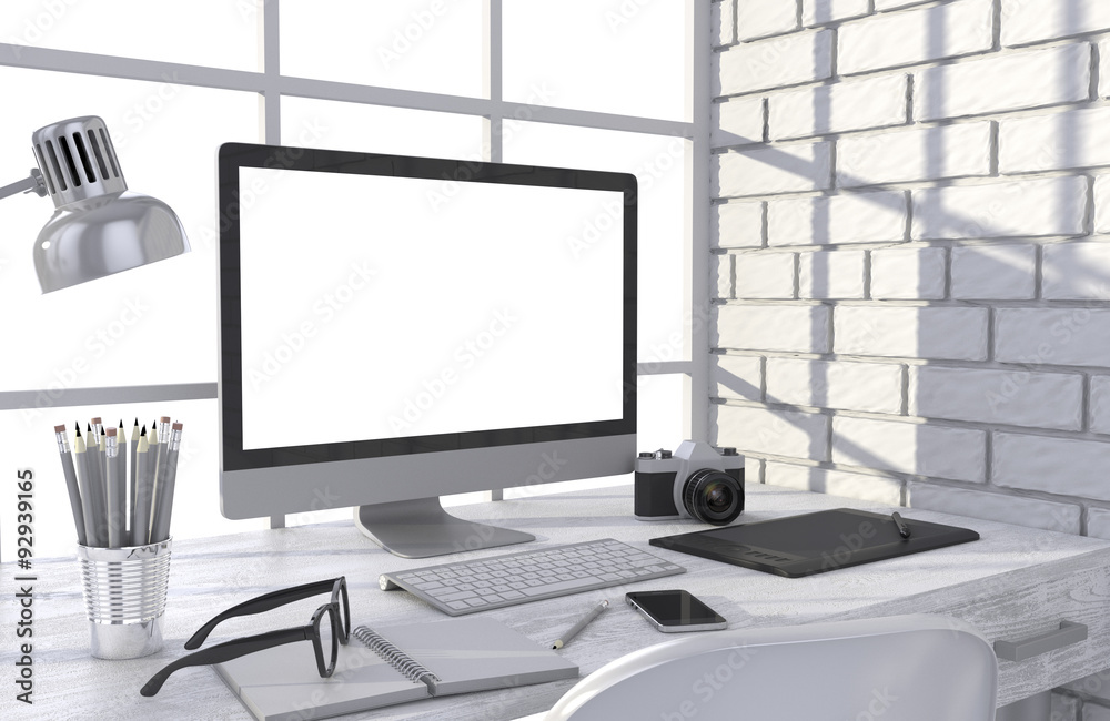 Fototapeta premium 3D illustration PC screen on table in office, Workspace