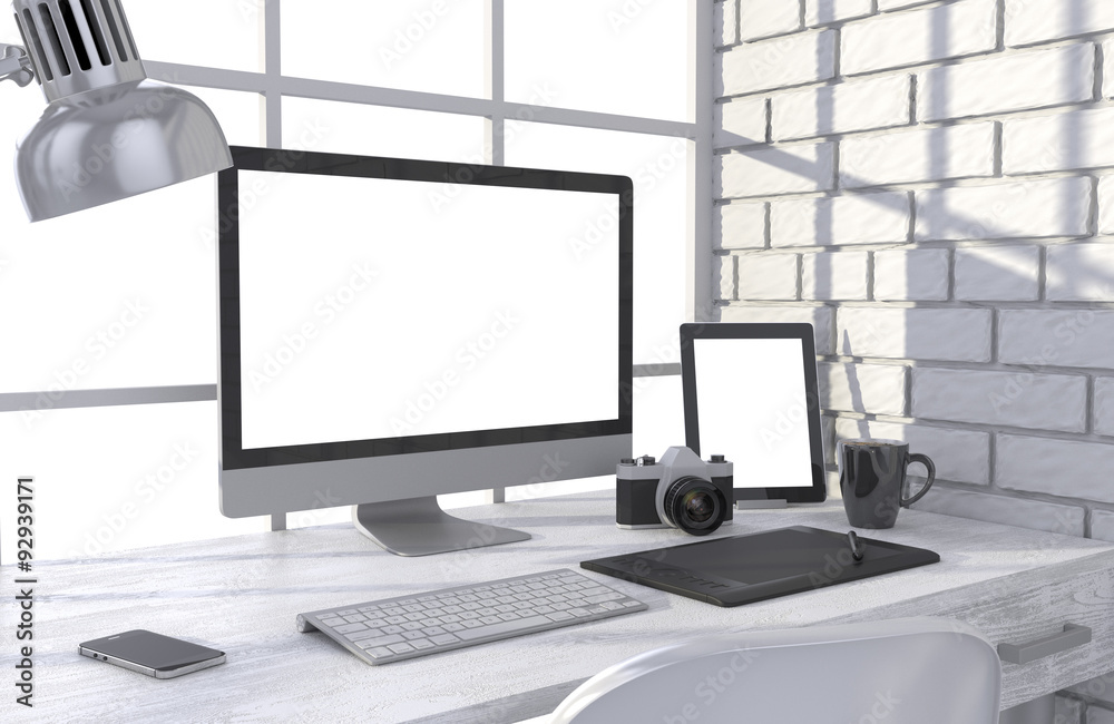 Fototapeta premium 3D illustration PC screen on table in office, Workspace
