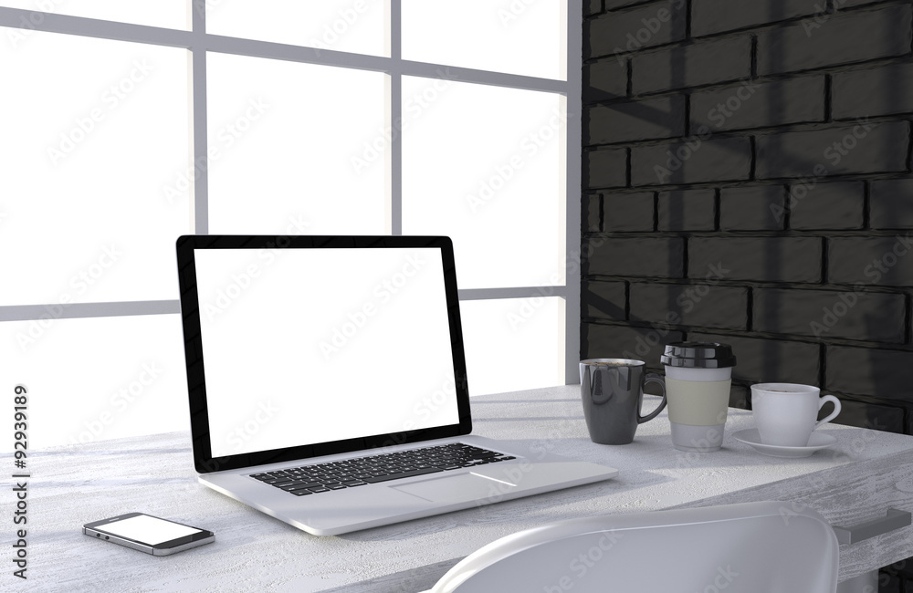 3D illustration laptop and work stuff on table near brick wall 3D illustration laptop and work stuff on table near brick wall