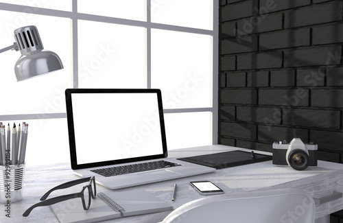 3D illustration laptop and work stuff on table near brick wall