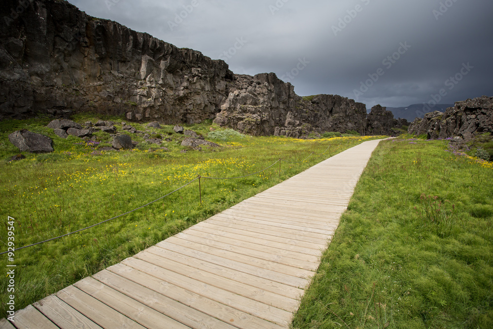 wooden path in thingvellir national park, Iceland