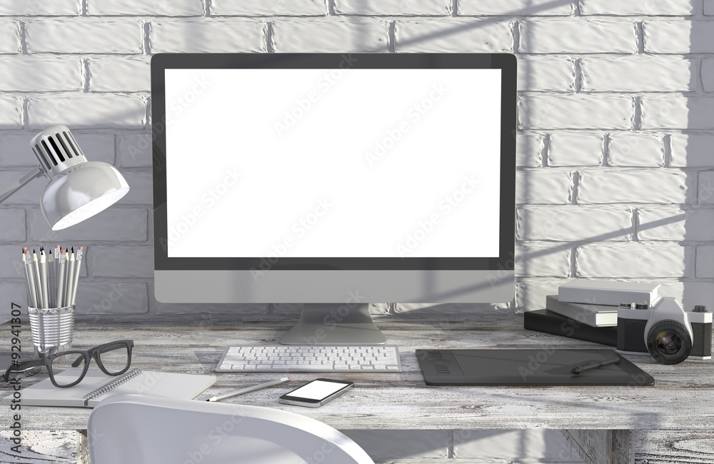 Fototapeta premium 3D illustration PC screen on table in office, Workspace