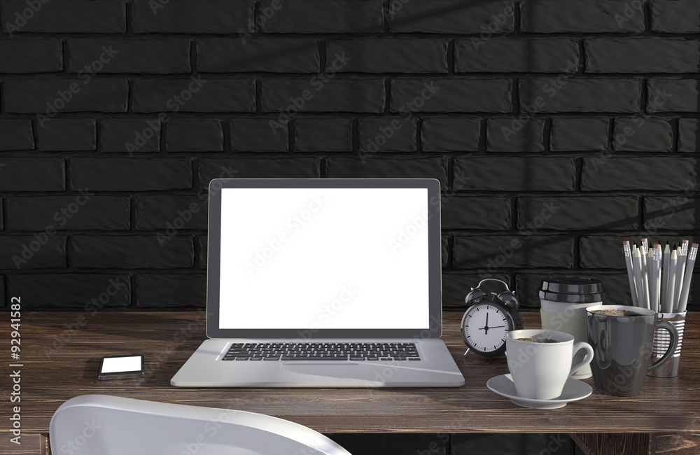 3D illustration laptop and work stuff on table near brick wall 3D illustration laptop and work stuff on table near brick wall