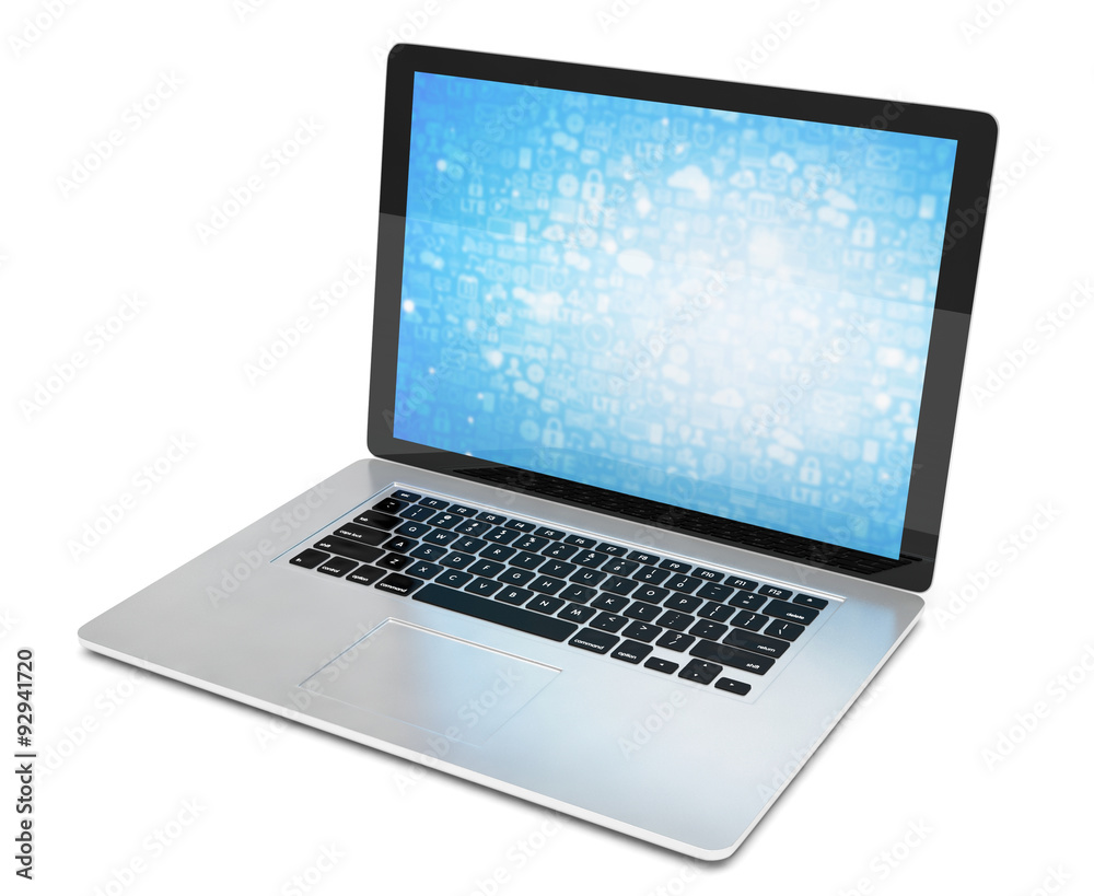 3d rendering of a laptop with blue wallpaper with app icon 3d rendering of a laptop with blue wallpaper with app icon