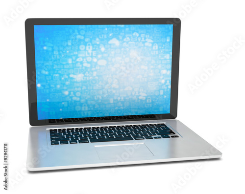3d rendering of a laptop with blue wallpaper with app icon