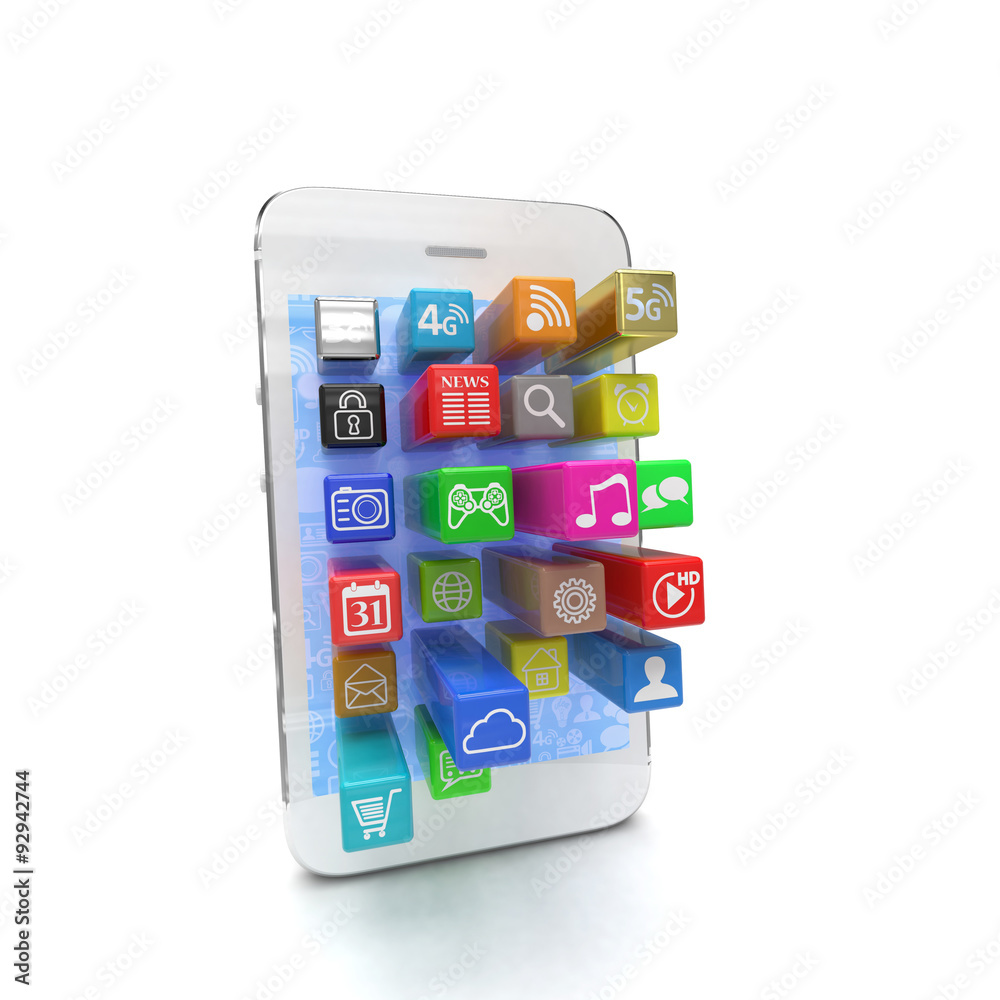 application software icons extruding from smartphone, isolated application software icons extruding from smartphone, isolated
