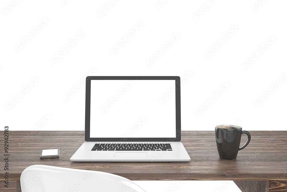 3D illustration laptop and work stuff on table near brick wall 3D illustration laptop and work stuff on table near brick wall