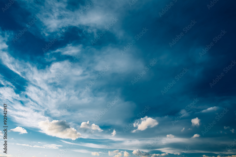 Blue Sky and Fluffy Clouds, Bright Cloudscape Background