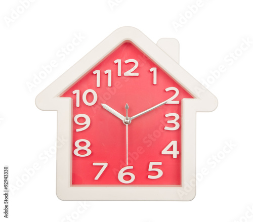 Red white house clock wall isolated on white background