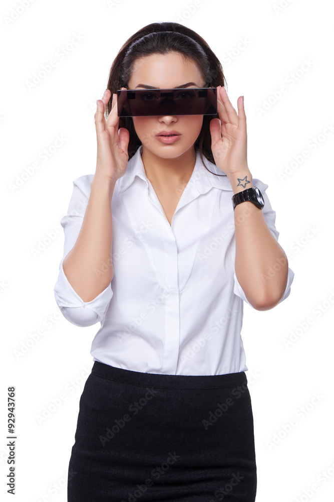 Beautiful business woman with futuristic glasses Beautiful business woman with futuristic glasses