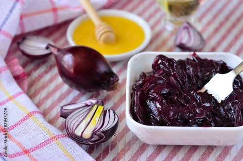 Homemade onion marmalade. Appetizer of red onion