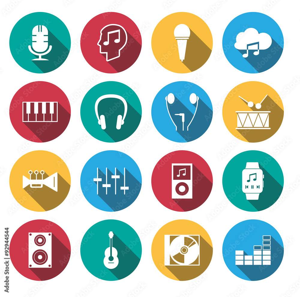 flat long shadow Music Icons set. flat long shadow Music Icons set.