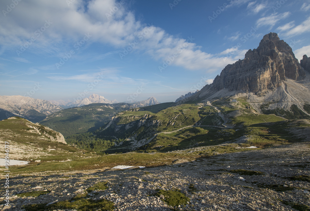 Naklejka premium Mountains Panorama of the Dolomites at Sunrise with clouds