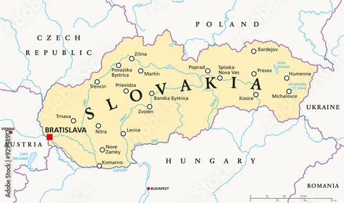 Photo Slovakia political map with capital Bratislava, national borders, important cities, rivers and lakes