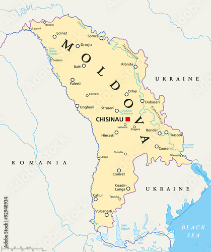 Photo Moldova political map with capital Chisinau, national borders, important cities, rivers and lakes