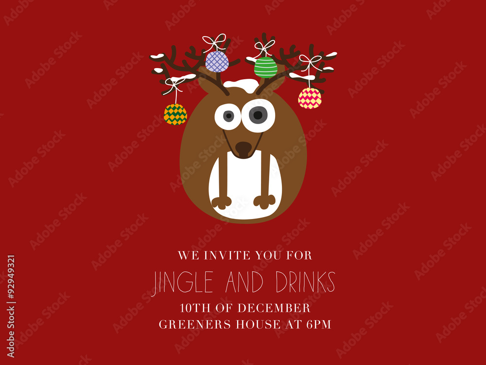 Reindeer with christmas balls. Red invitation.Vector design. Reindeer with christmas balls. Red invitation.Vector design.
