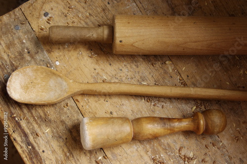 wooden baking tools on wood table top