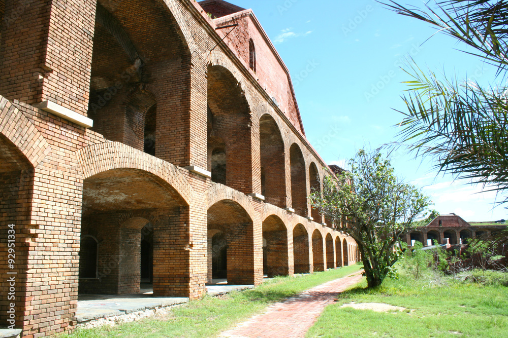 Fort Jefferson inner arches, walls and courtyard in Dry Tortugas National Park, Florida