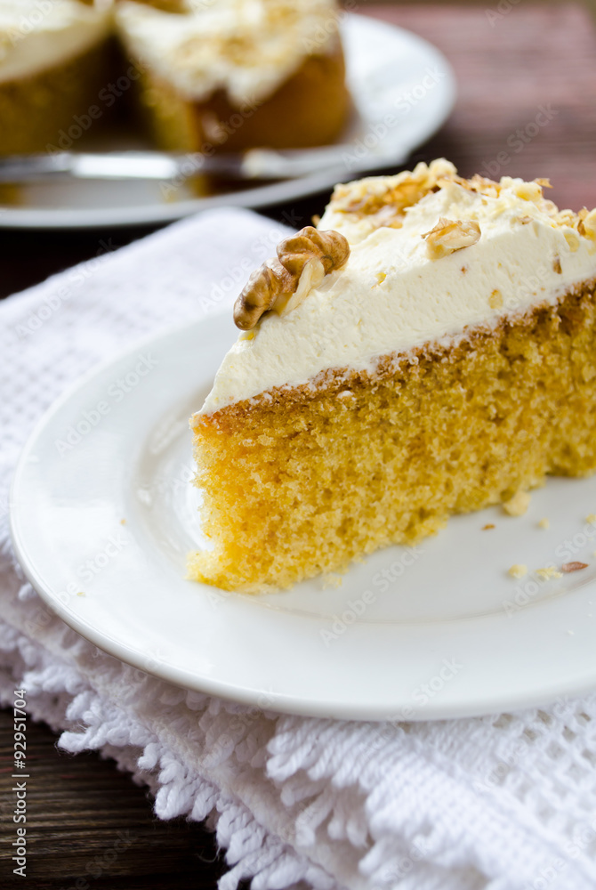 Homemade cake with butter cream and walnuts Homemade cake with butter cream and walnuts