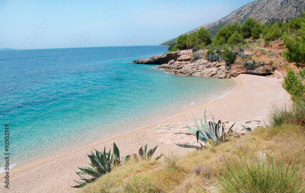Beautiful empty beach with exotic vegetation at Croatia coast island Brač