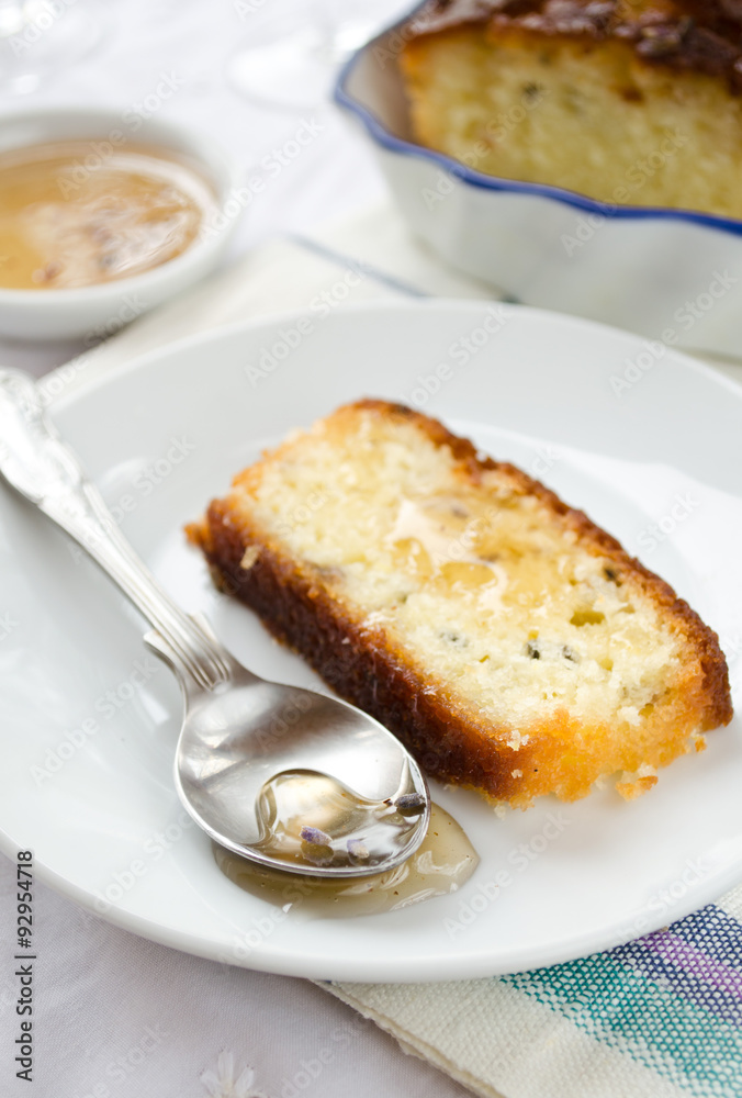French cake with lavender flowers and lemon glaze French cake with lavender flowers and lemon glaze