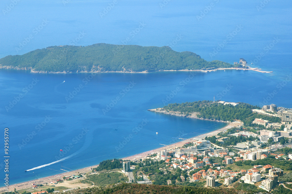 Budva, Montenegro, Balkans. Sea view. Adriatic sea. Riviera. Budva old town. 
