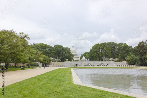 View of the Reflecting Pool for the Senate Fountain with the U.S Capitol's iconic dome behind, Capitol Hill, Washington DC