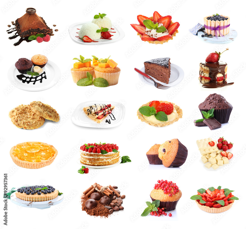 Collage of desserts isolated on white Collage of desserts isolated on white