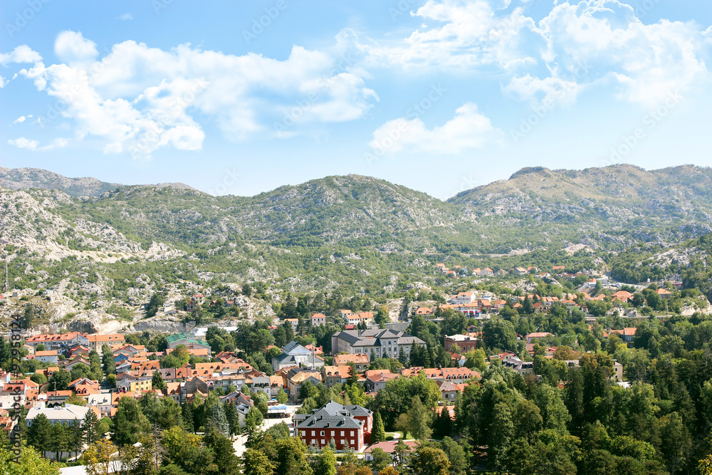 Cetinje, Montenegro. View to the city center from mausoleum of bishop Danilo. City view. Town view. Mountain view.