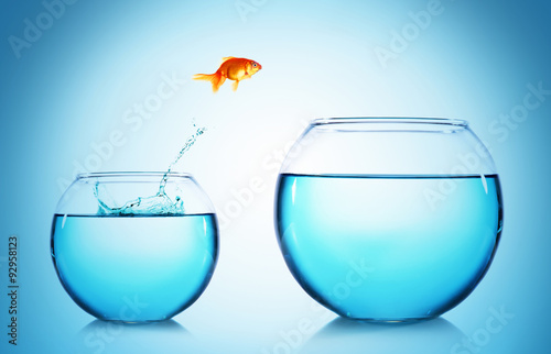 Goldfish jumping from glass aquarium, on blue background