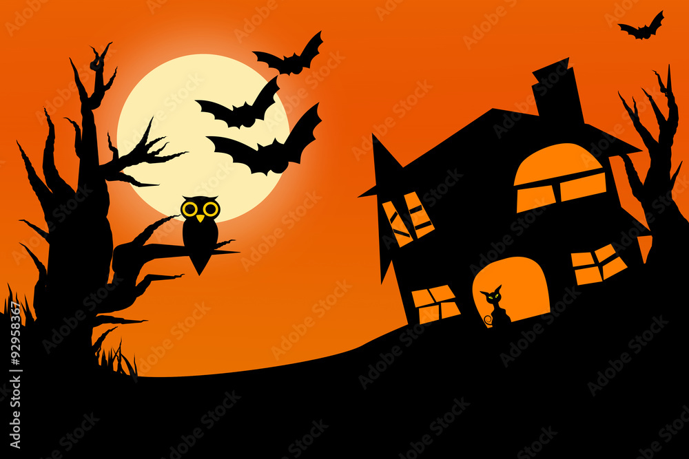 Illustration of horror halloween night with twilight sky full moon owl on tree and cat in castle