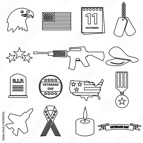 american veterans day celebration outline icons set eps10