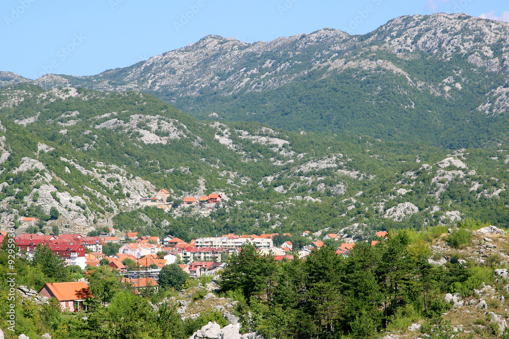 Cetinje, Montenegro. View to the city center from mausoleum of bishop Danilo. City view. Town view. Mountain view.