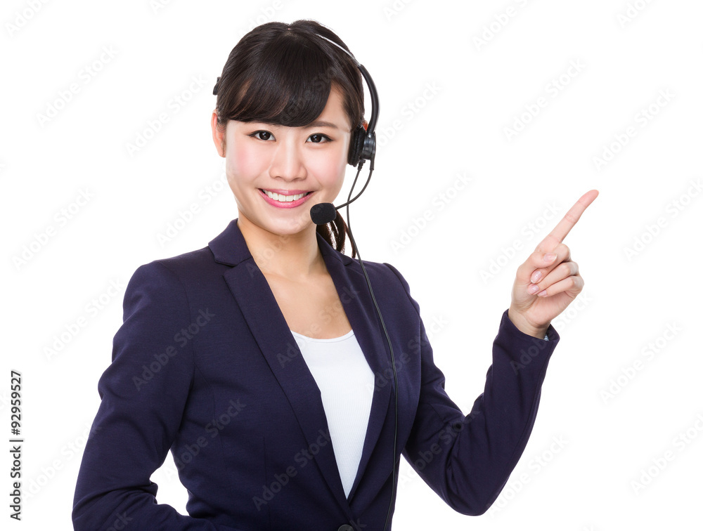 Customer services officer with finger point up Customer services officer with finger point up