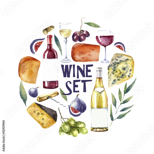 Watercolor wine set. Round card background.