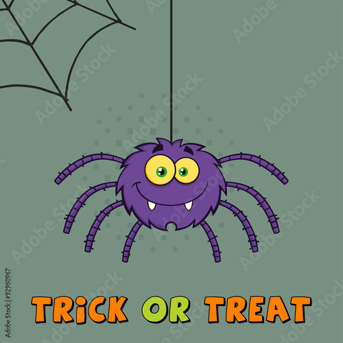 Smiling Purple Halloween Spider Cartoon Character On A Web With Text