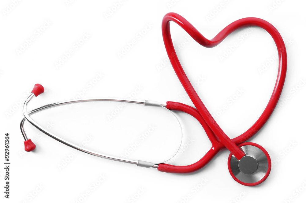 red shape heart stethoscope isolated on white