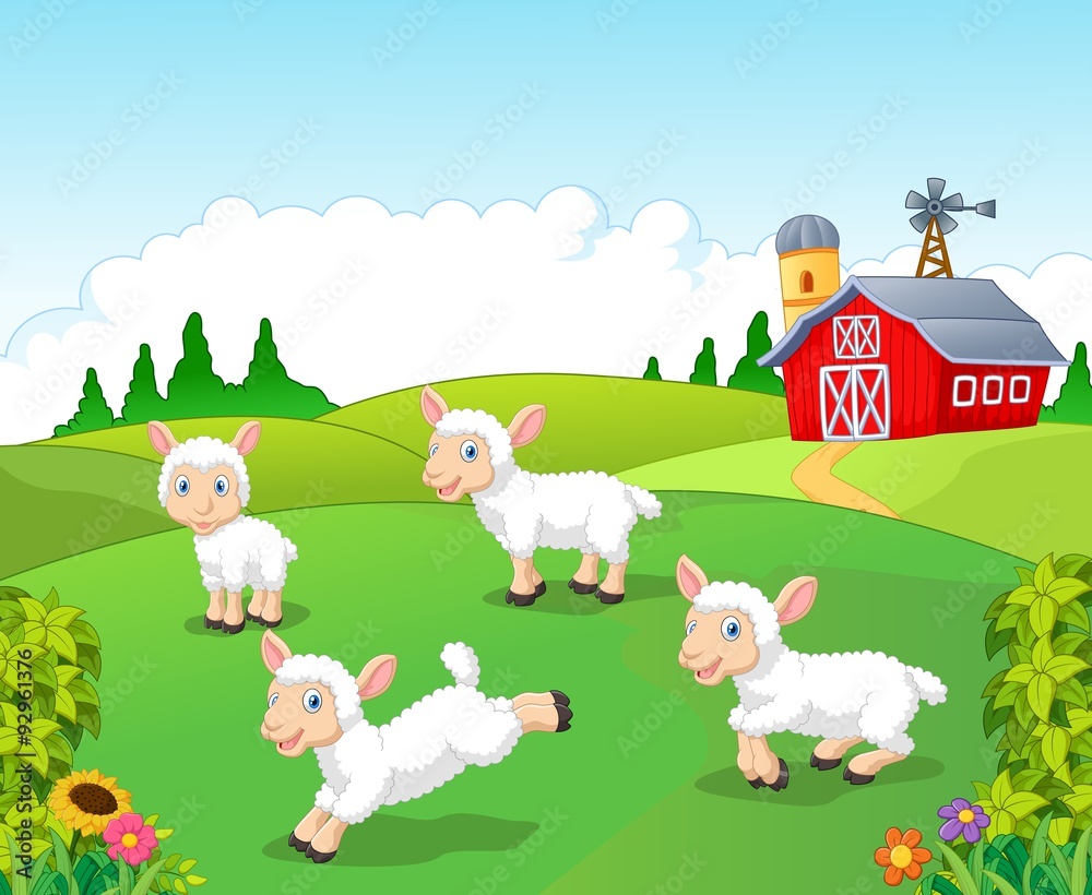 Cute cartoon sheep collection set with farm background 