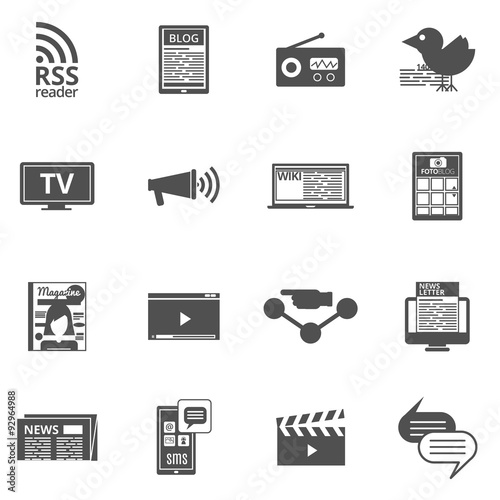 Mass media black icons set 