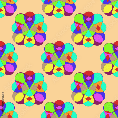 Abstract kaleidoscope on biege background. Vector seamless patte