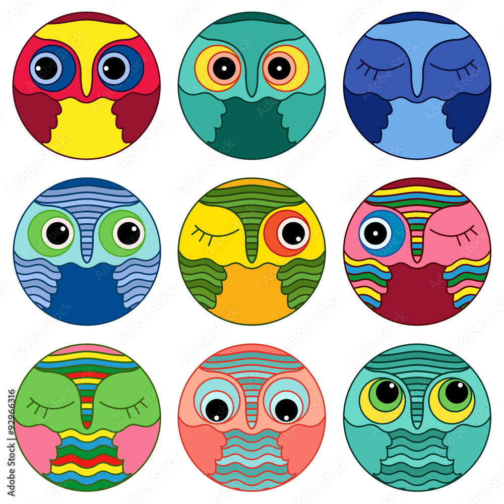 Nine amusing owl faces in a circle Nine amusing owl faces in a circle
