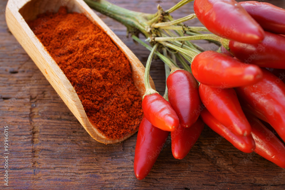 Chilischoten und Chilipulver auf der Gewürzschaufel Chilischoten und Chilipulver auf der Gewürzschaufel