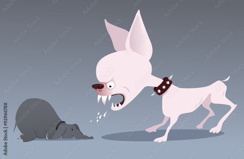 Furious mutt snarling at a submissive elephant as a metaphor for