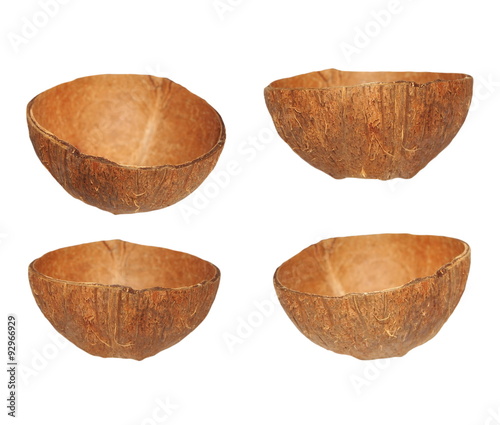set coconut fruit shell cut in half isolated on white background, design element with clipping path