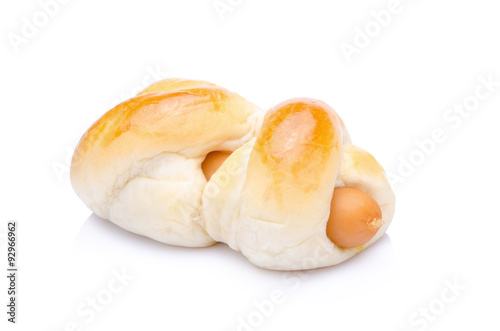 Bread with sausage on white background