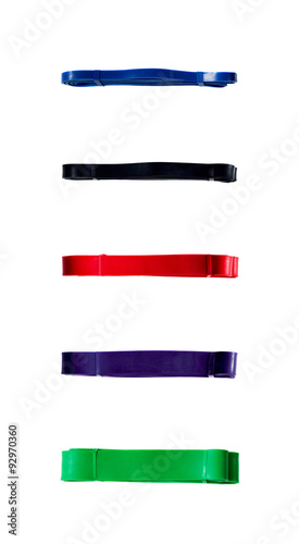 Set of five latex power resistance bands for fitness, muscle building