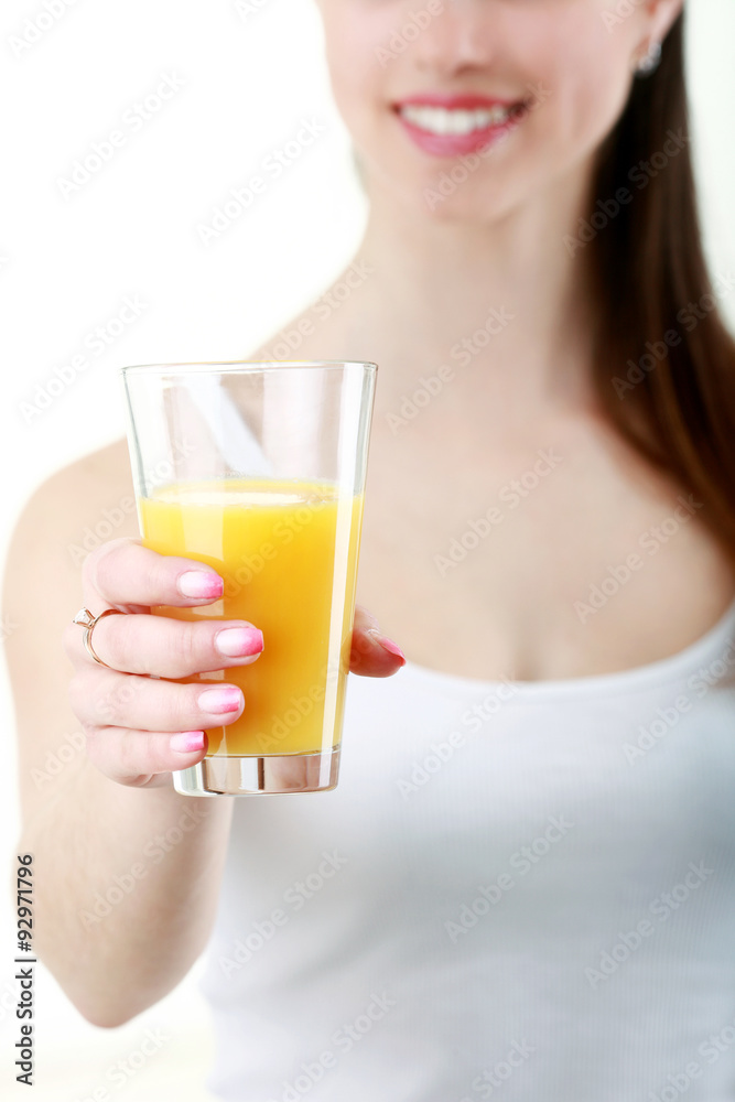 head and shoulders portrait of attractive caucasian smiling woman isolated on white studio shot drinking orange juice face skin head and shoulders portrait of attractive caucasian smiling woman isolated on white studio shot drinking orange juice face skin
